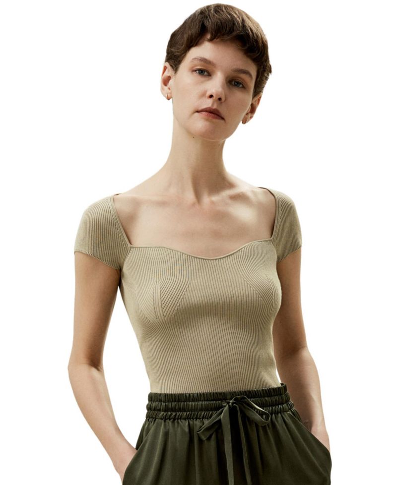 Women's Sweetheart Neck Ribbed Silk Knit Top