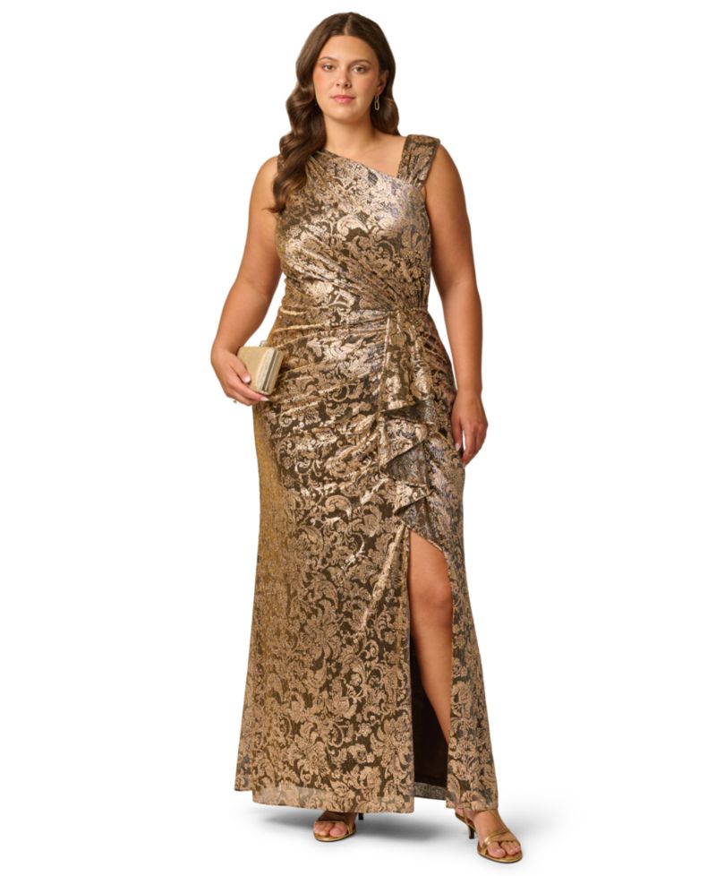 Petite Metallic-Floral Asymmetrical Neckline Sleeveless Gown