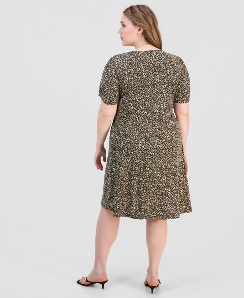 Plus Size Printed Ruched-Sleeve Sheath Dress