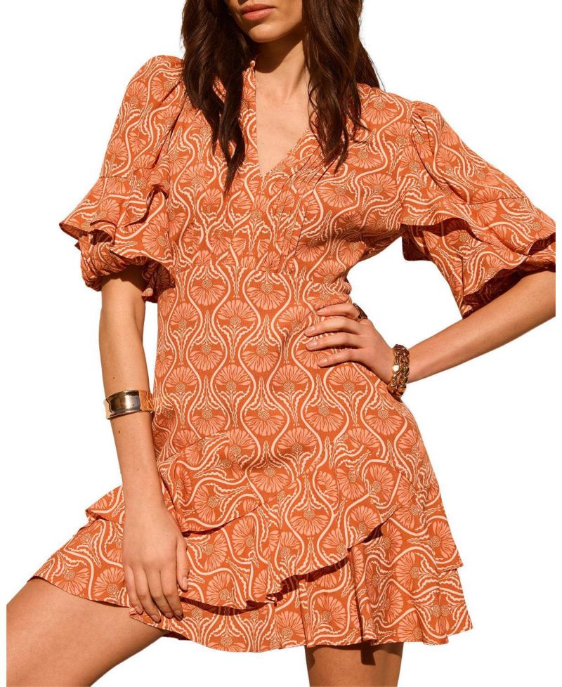 Women's Printed Ruffle V-Neck Mini Dress