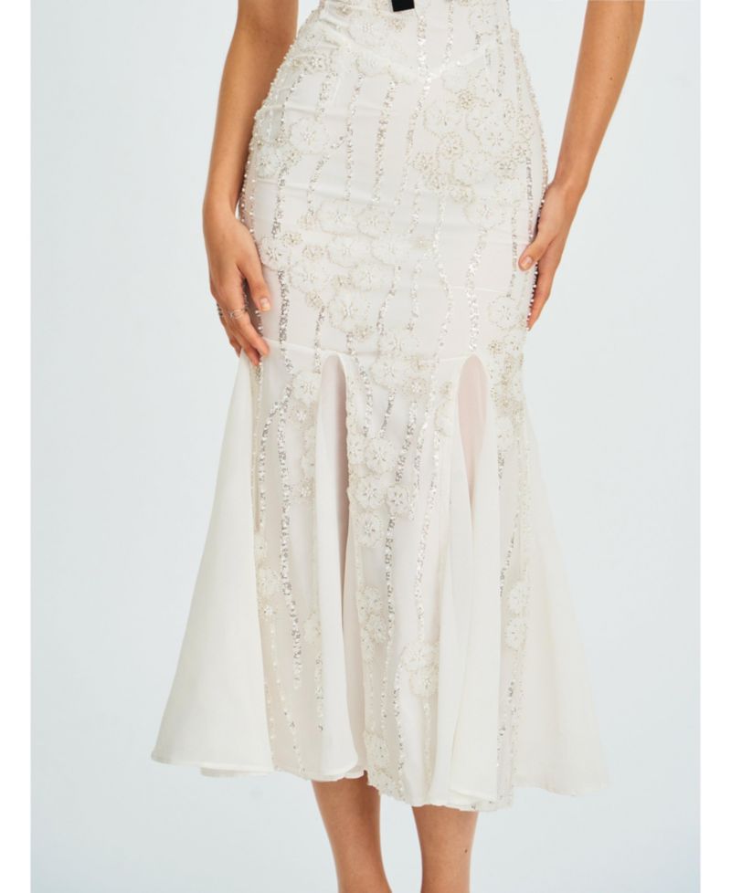 Women Paola White Peter Pan Collar Beaded Sequin Mermaid Midi Dress