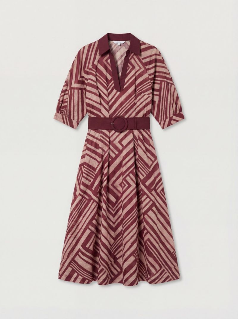 Women's Printed 3/4 Sleeve Plunge Midi Dress