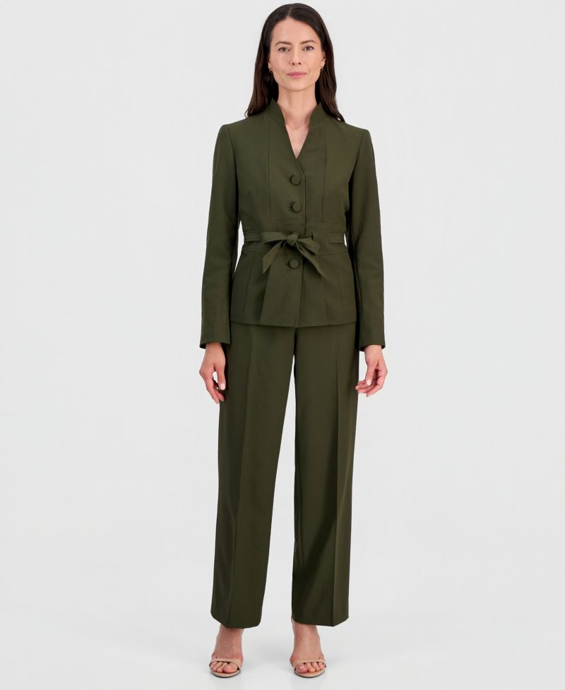 Women's Four-Button Belted Jacket & Fly-Front Wide-Leg Pants Suit