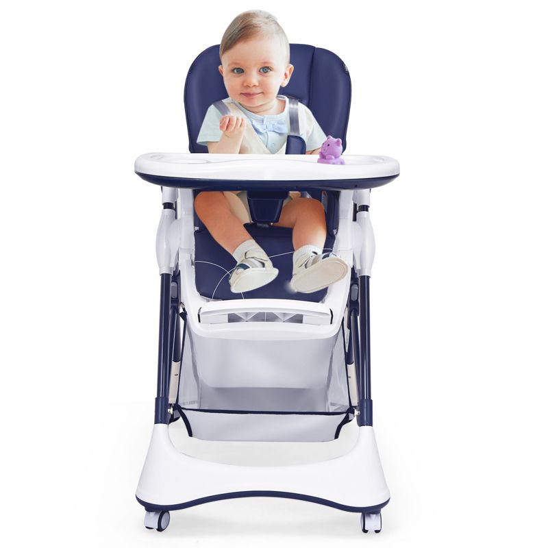 Adjustable Baby High Chair with Lockable Wheels and Tray
