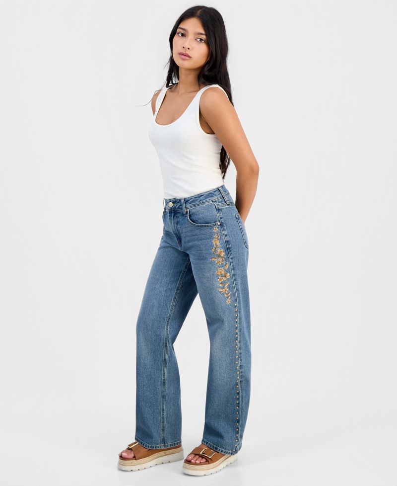 Petite High-Rise Embroidered Straight-Leg Jeans