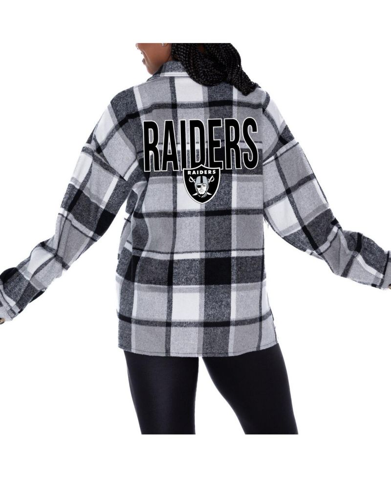 Women's Gray Las Vegas Raiders Fieldside Fun Plaid Button-Up Overshirt