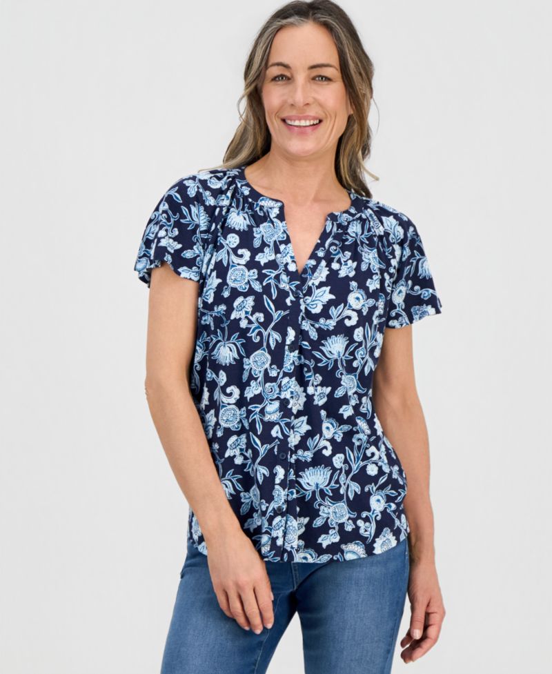 Petite Printed Button-Front Flutter-Sleeve Top