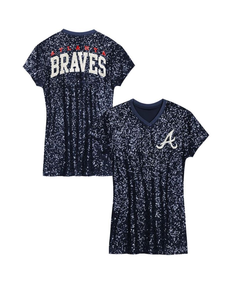 Big Girls Navy Atlanta Braves Sequin V-Neck Dress
