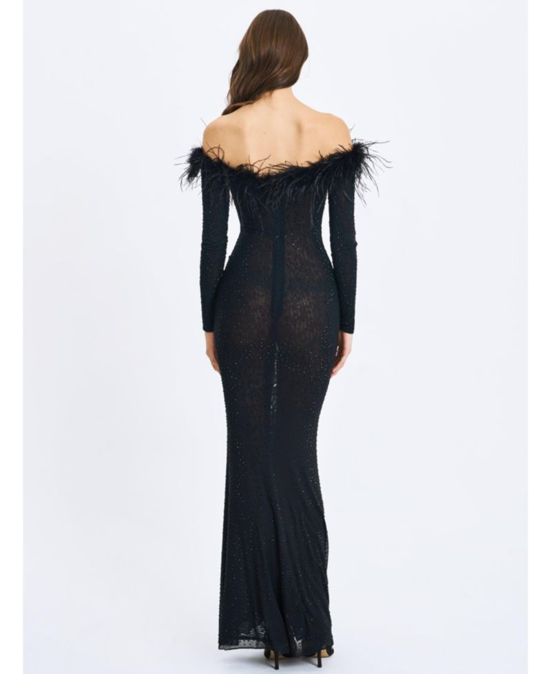 Women's Emberly Black Faux Fur Trimmed Off-Shoulder Rhinestone Mermaid Maxi Dress