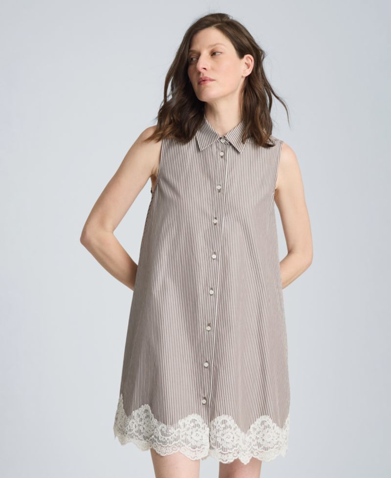 Women's Striped Collared Neck Swing Shirt Dress with Lace Trim