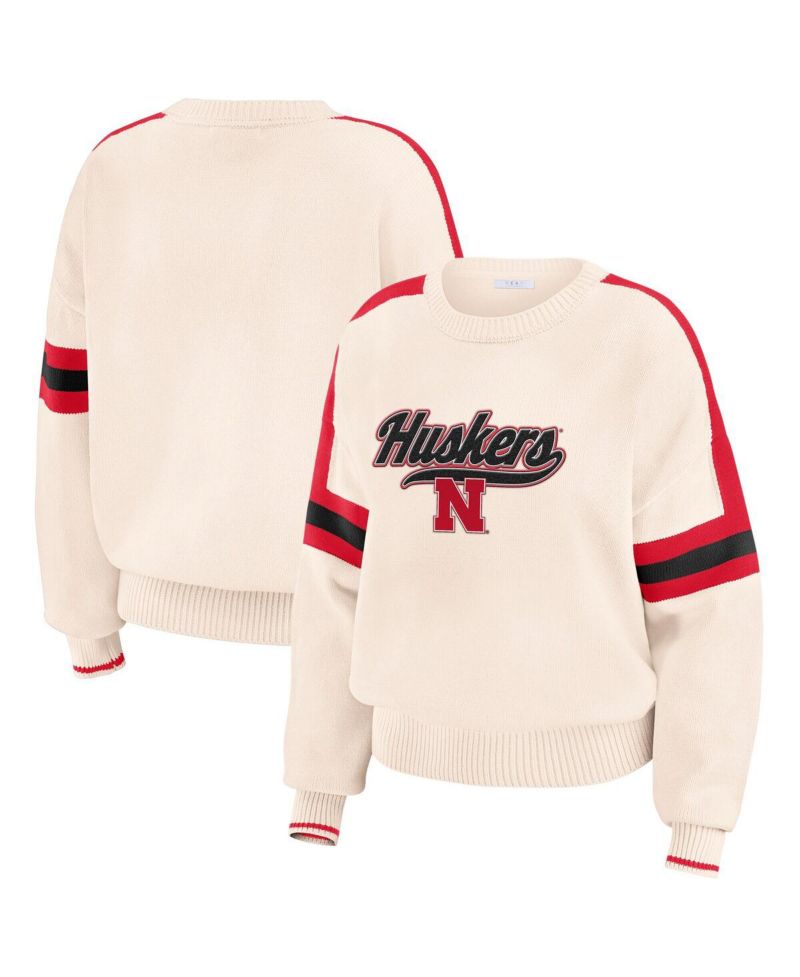 Women's Cream Nebraska Huskers Chenille Woven Patch Stripe Pullover Sweatshirt