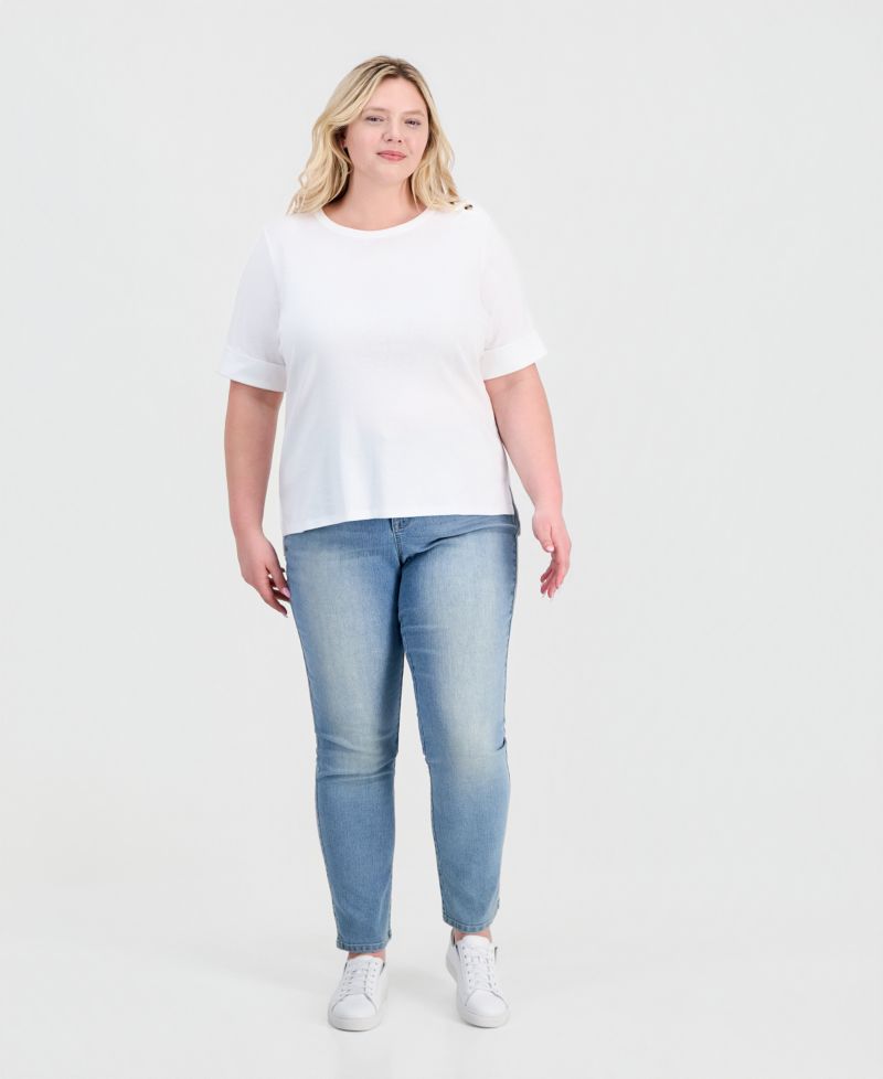 Petite Pima Cotton Boat-Neck Elbow Sleeve Top
