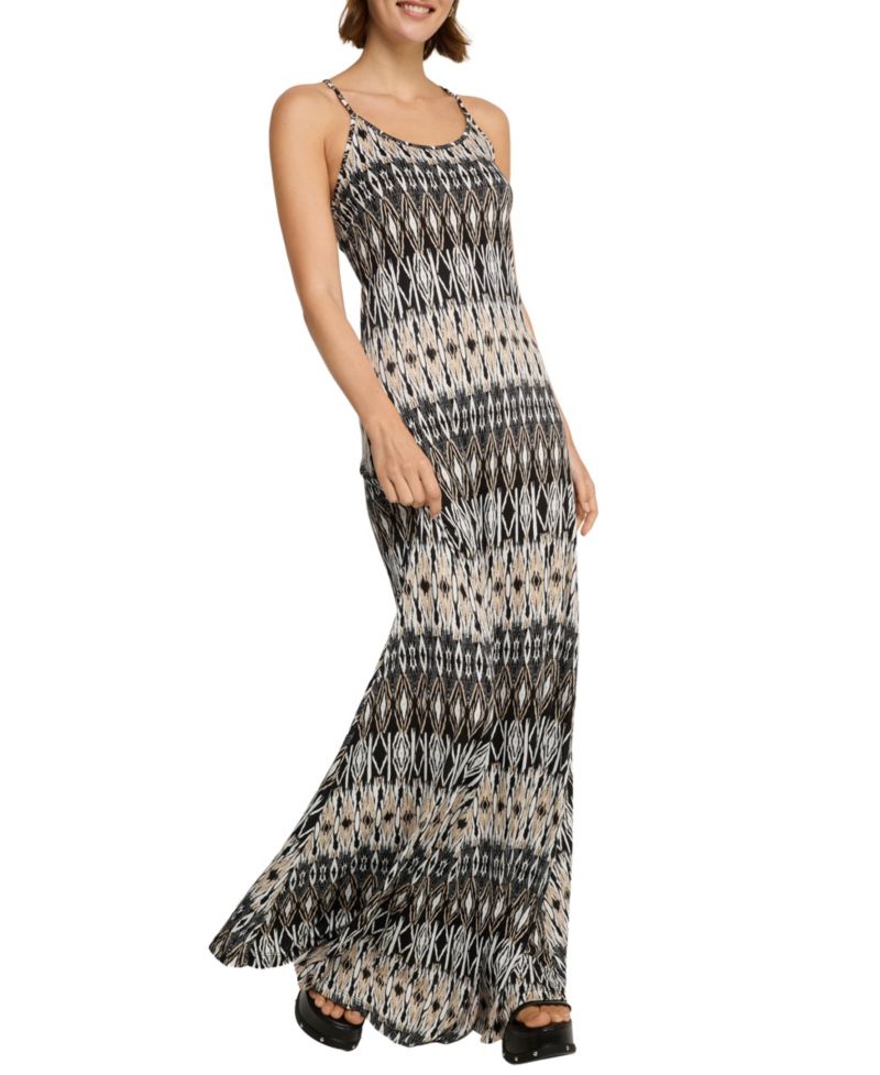 Women's Viscose Printed Crossed Strap Scoop-Neck Maxi Dress