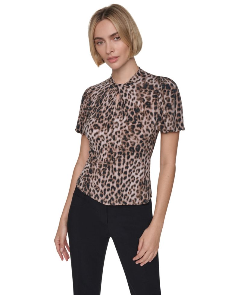 Petite Balloon-Sleeve Keyhole Blouse