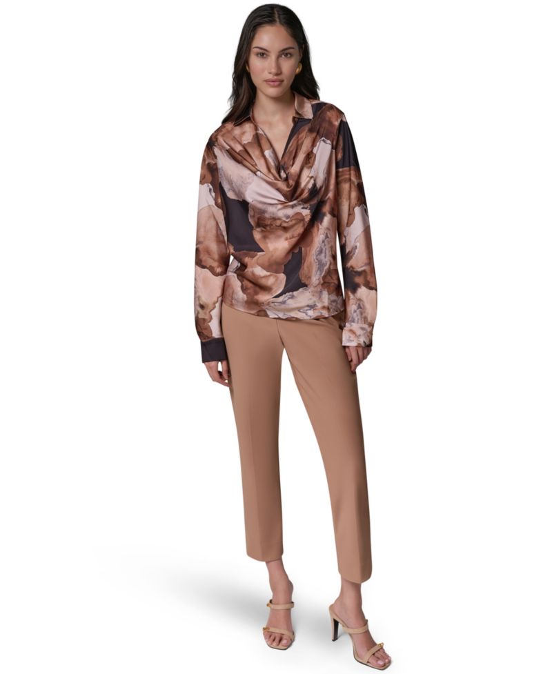 Women's Long-Sleeve Satin Cowl-Neck Blouse
