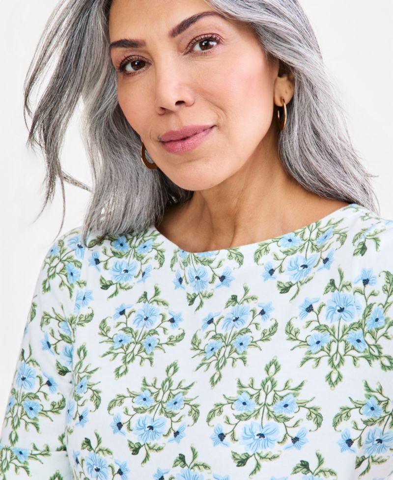 Women's Printed Boat-Neck Elbow Sleeve Top