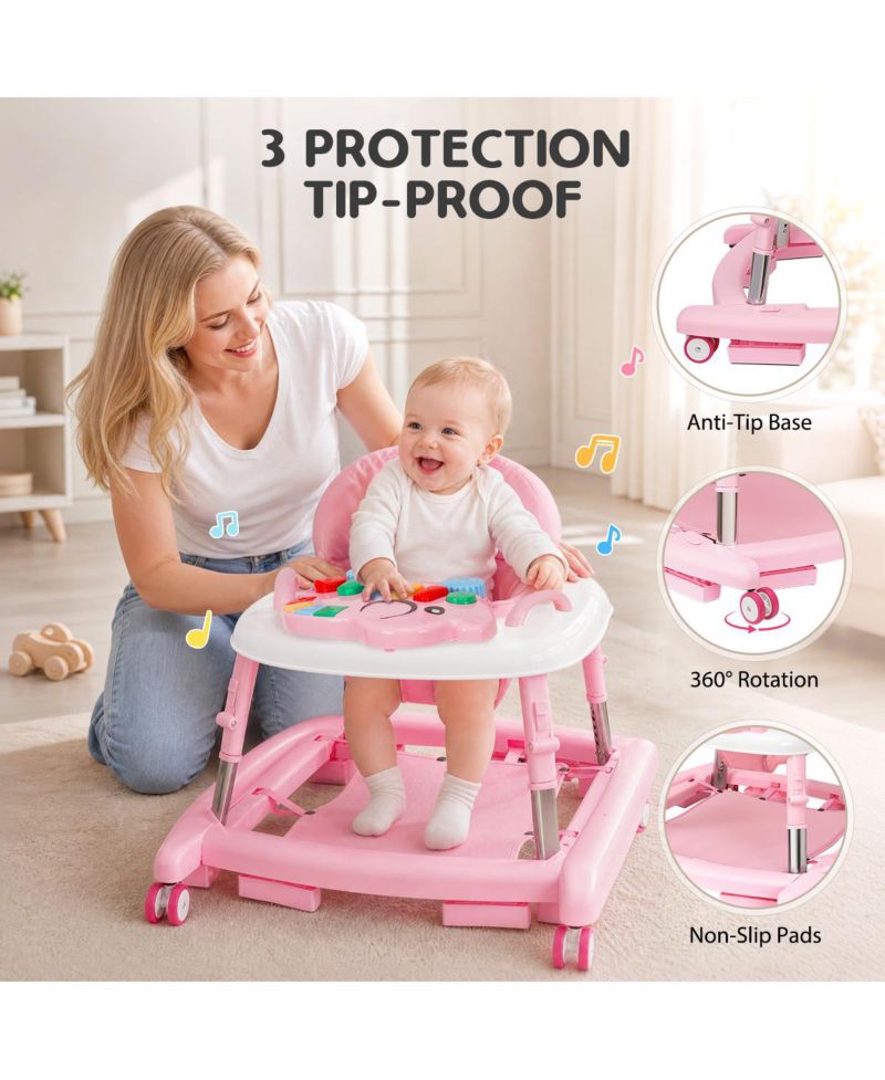 5-in-1 baby walker with adjustable height, activity panel and foldable design