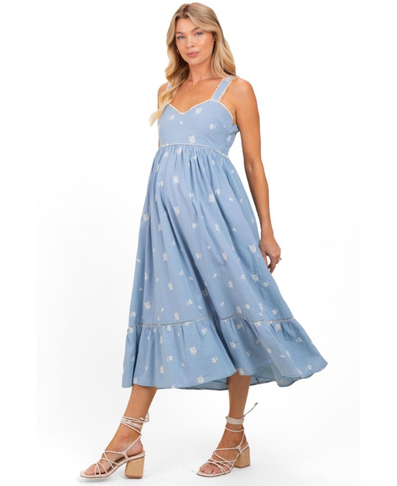 Women's Light Blue Vintage Floral Smocked Midi Dress