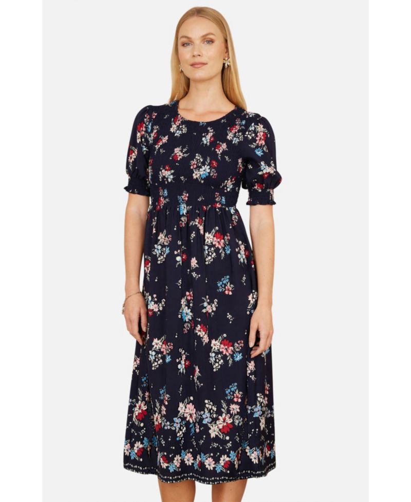 Women's Smocked Bodice Floral Ruched Midi Dress