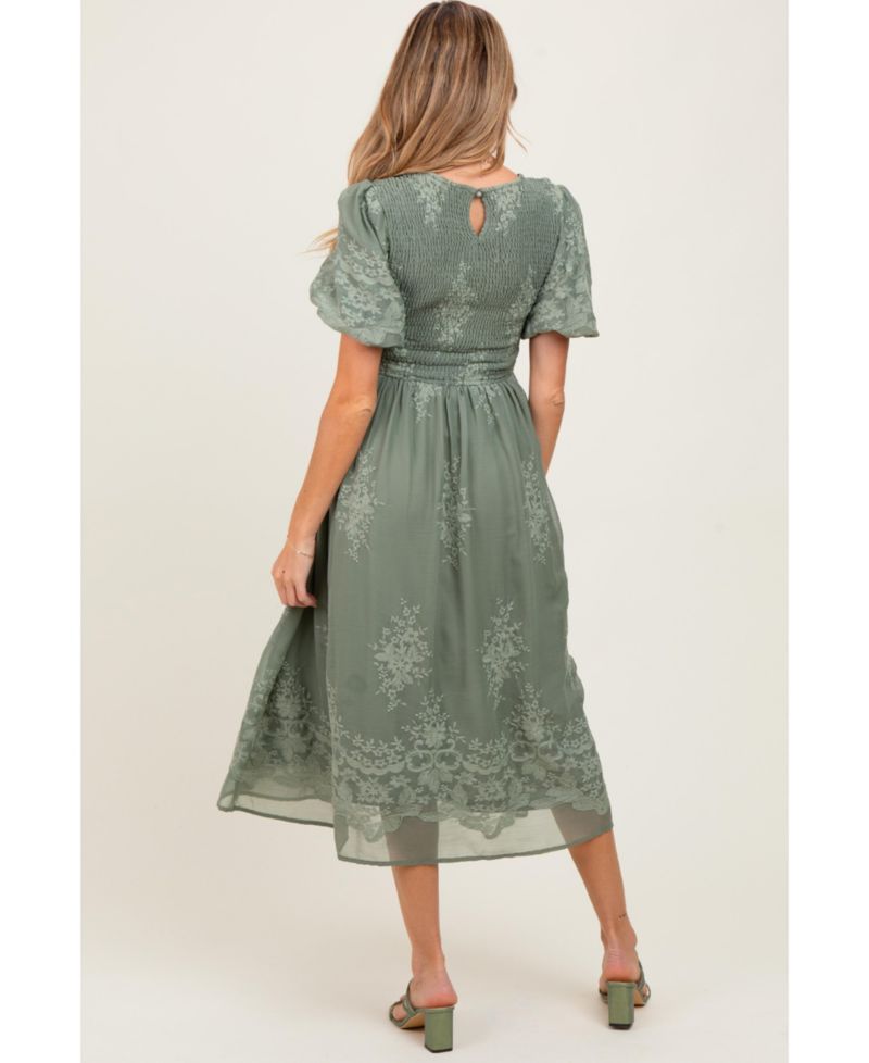 Women's Light Olive Floral Lace Smocked Midi Dress