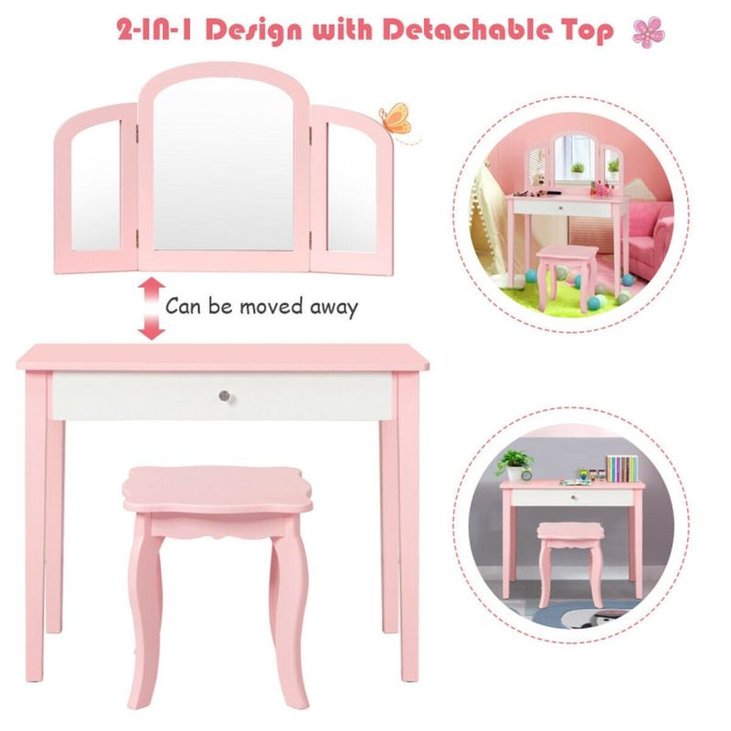 Kids Princess Vanity Dressing Table Set with Tri-Fold Mirror and Chair