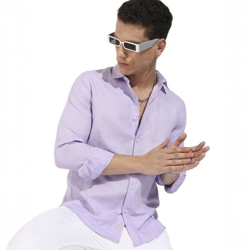 Men's Lavender Self-Design Striped Shirt