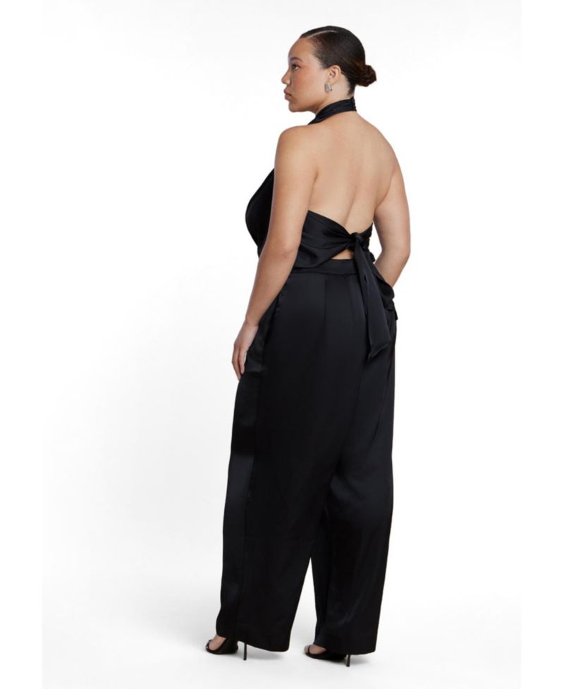 Plus Size Halter Cowl Neck Satin Jumpsuit