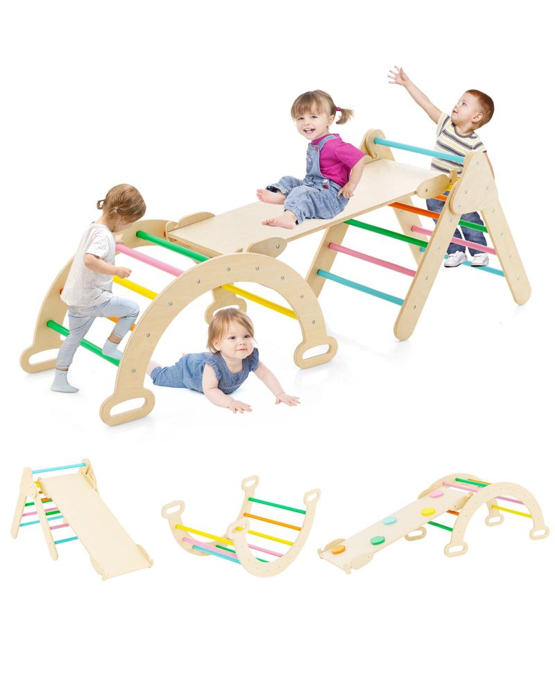 5-in-1 Wooden Triangle, Arch, and Ramp, 3-Piece Climbing Set