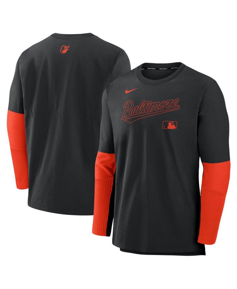 Men's Black/Orange Baltimore Orioles Authentic Collection Lightweight Player Tri-Blend Performance Pullover Sweatshirt