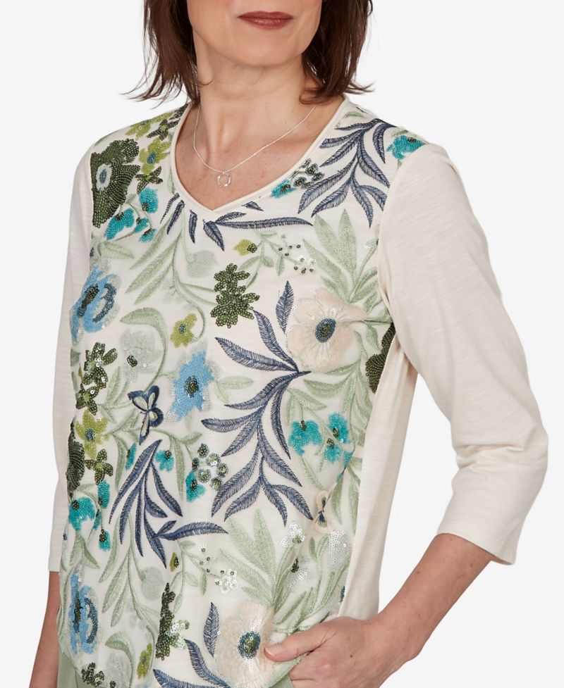 Petite Sequined Floral Mesh Overlay Knit Top