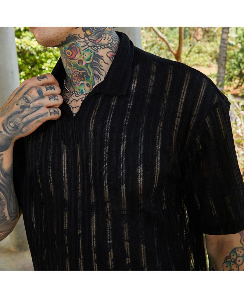 Men's Onyx Black Duo-Striped Relaxed Polo T-Shirt