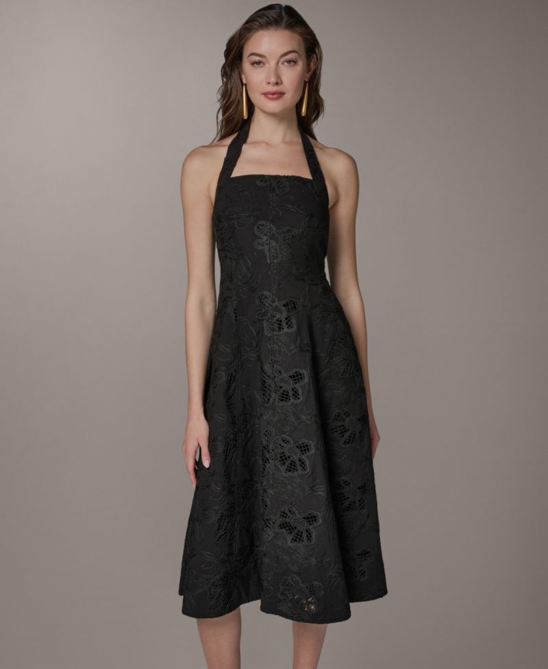 Women's Halter Fit & Flare Sleeveless Embroidered Midi Dress