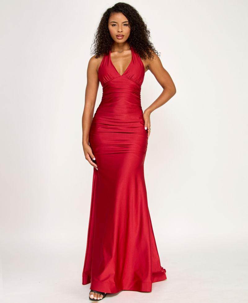 Juniors' Ruched Tie-Back Halter Gown