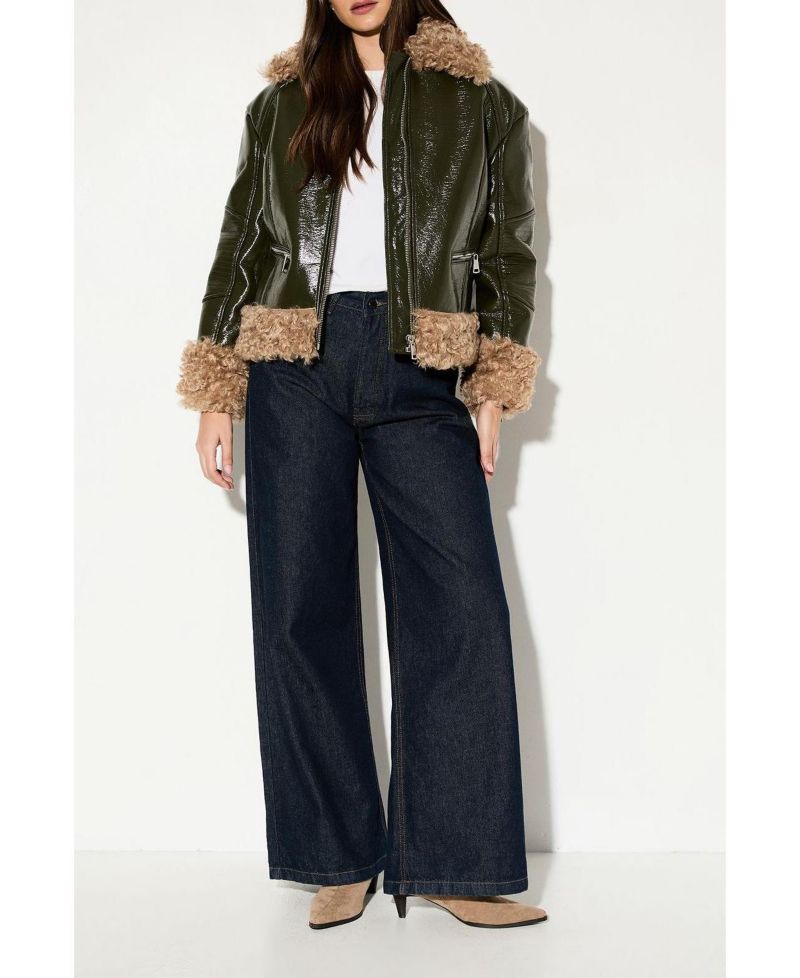Women's Premium Faux Fur Collar Aviator Jacket