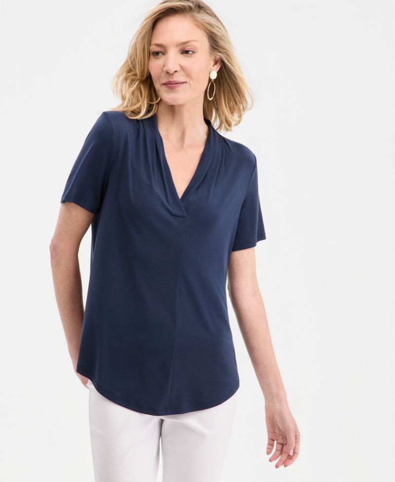 Women's Solid Short-Sleeve V-Neck Knit Top