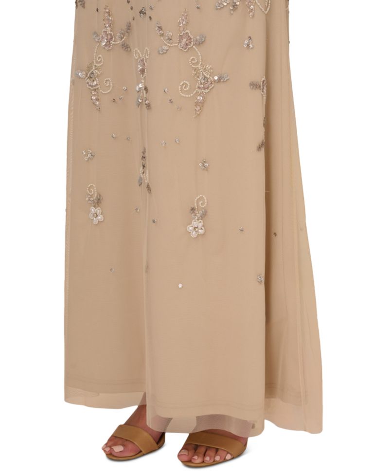 Women's V-Neck Beaded Short-Sleeve Mesh Gown