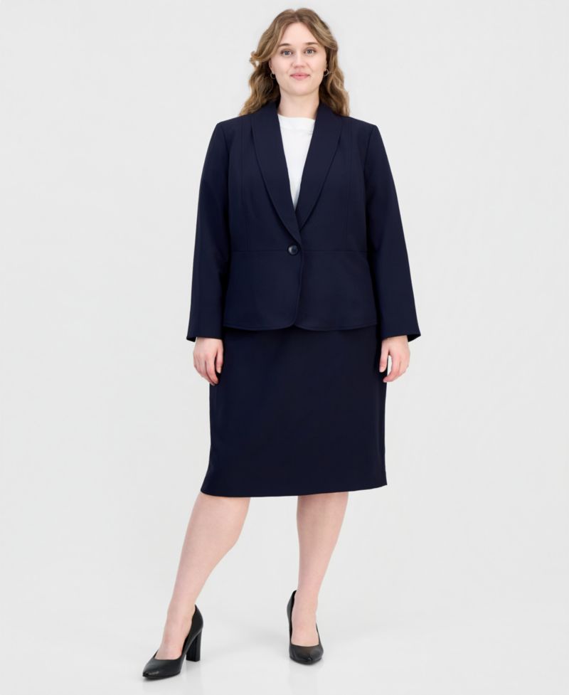 Plus Size Shawl-Collar One-Button Jacket & Yoked Slim Skirt Suit