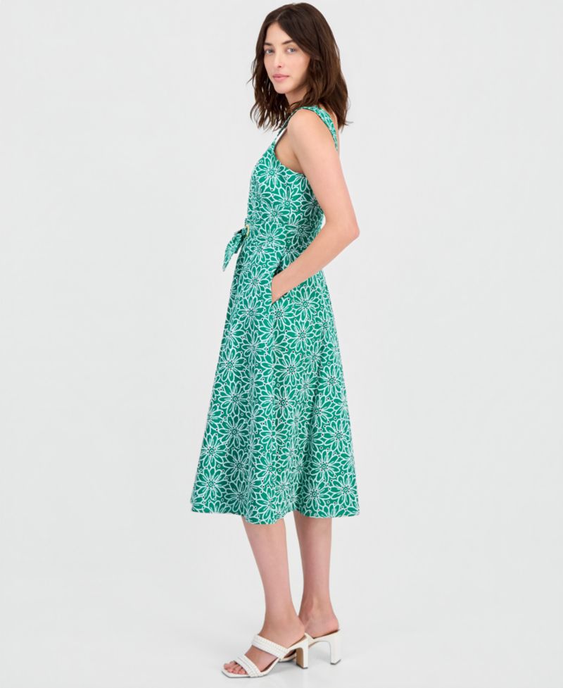 Tahhari ASL Women's Cotton Eyelet Belted Midi Dress