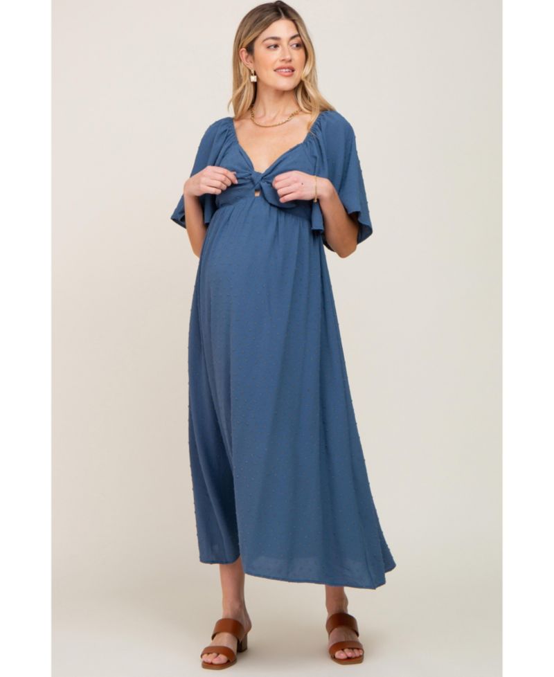 Women's Navy Blue Textured Dot Front Tie Ruffle Sleeve Midi Dress