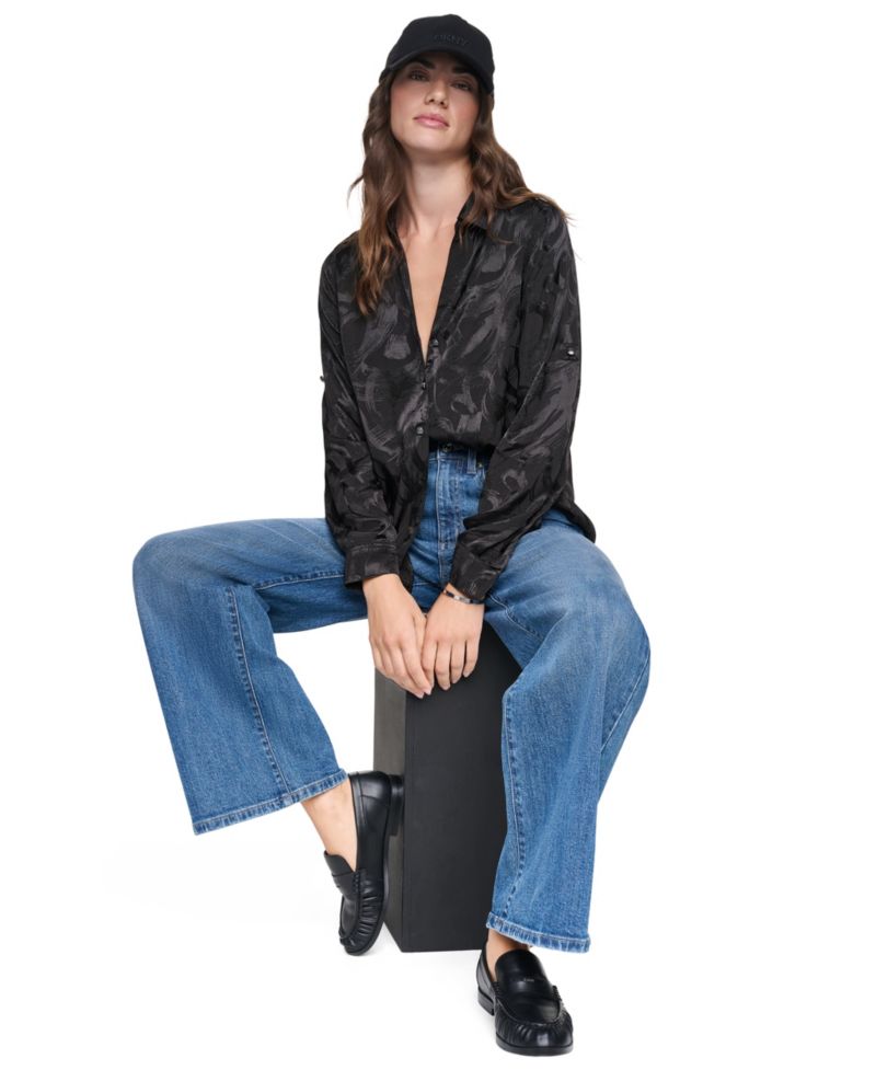 Women's Roll-Tab Jacquard Blouse