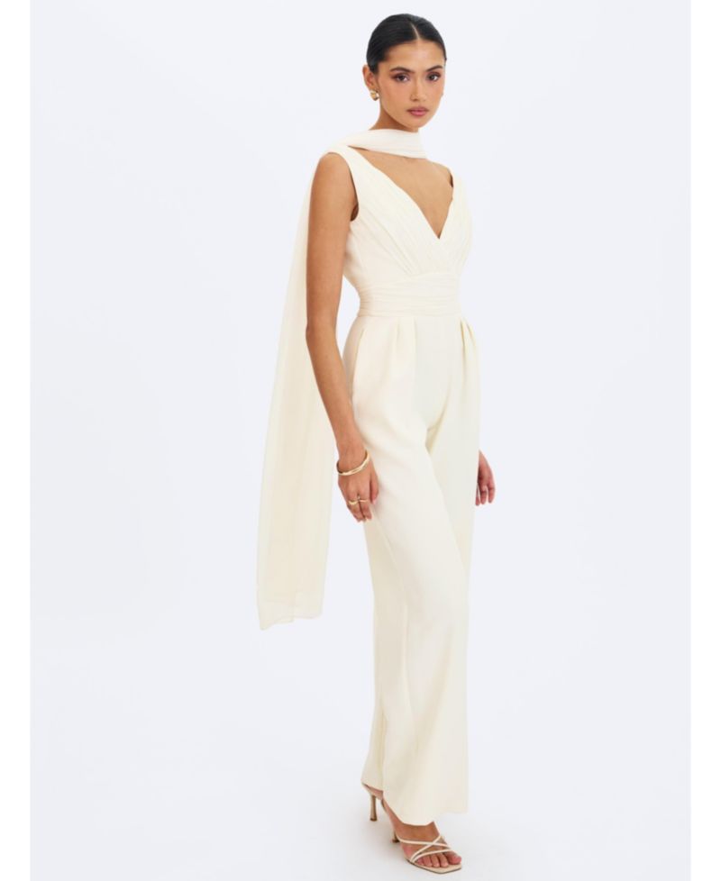 Women's Harper Ivory Ruched V-Neck Jumpsuit with Scarf