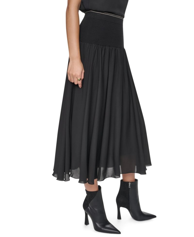 Women's Contrast Stitch Mixed-Media High-Waisted Midi Skirt