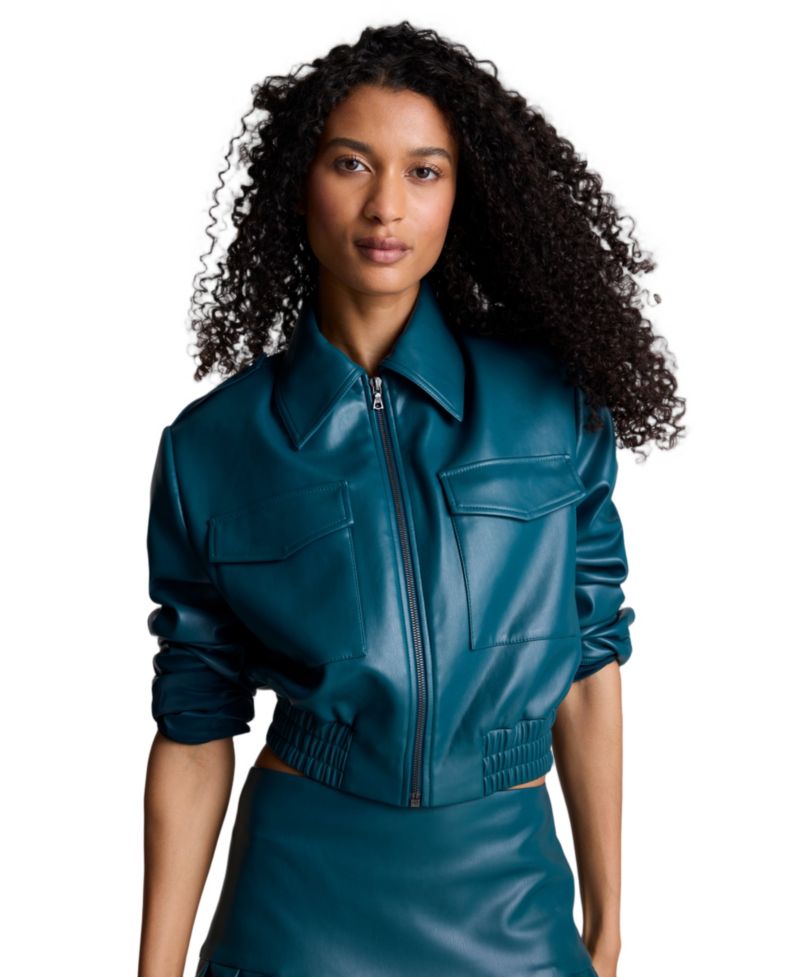 Women's Cropped Faux Leather Bomber Jacket