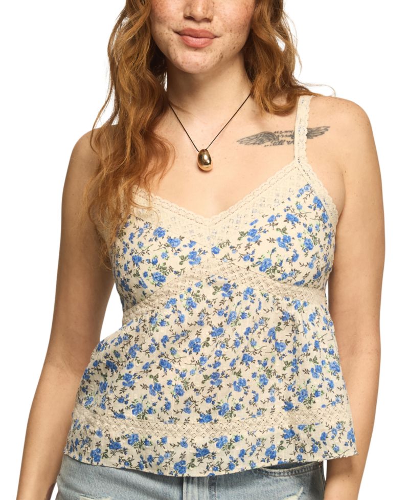 Women's Sleeveless Printed Lace Trimmed Tank Top