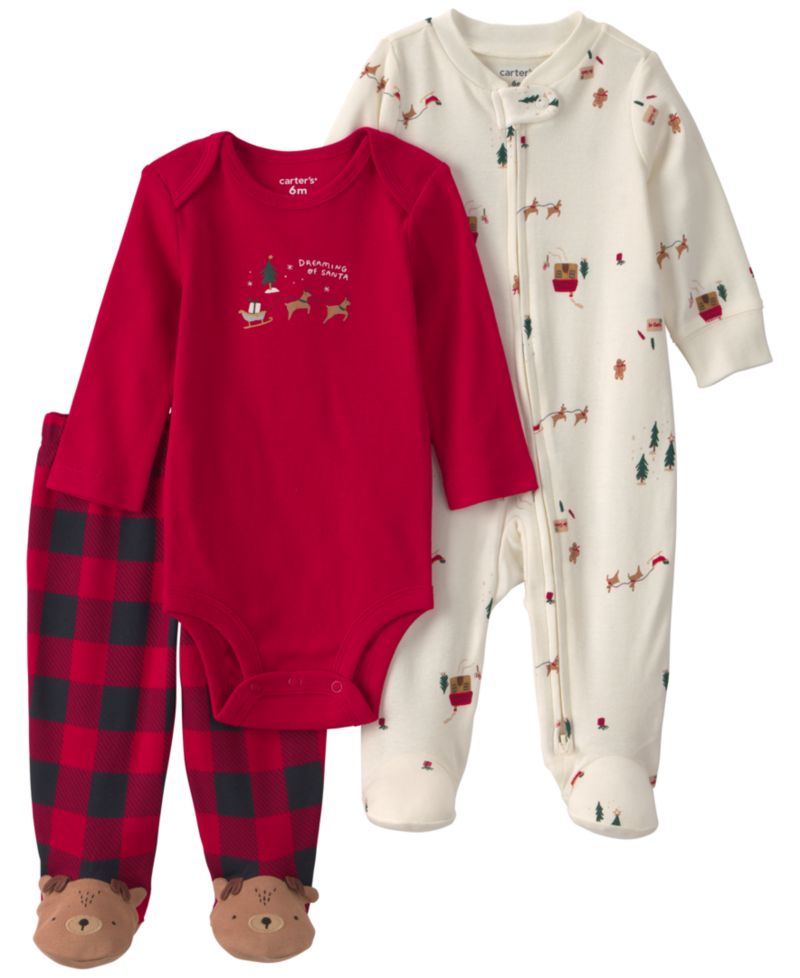 Baby Boys' Dreaming of Santa Long-Sleeve Buffalo-Check Bodysuit and Footed Pajama Pant, 3-Piece Set