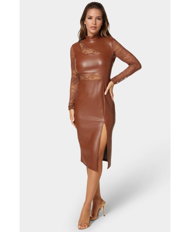 Women's Faux Leather Lace Illusion Midi Dress