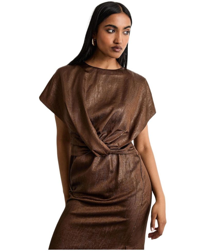 Women's Leather Look Twist Front Midi Dress
