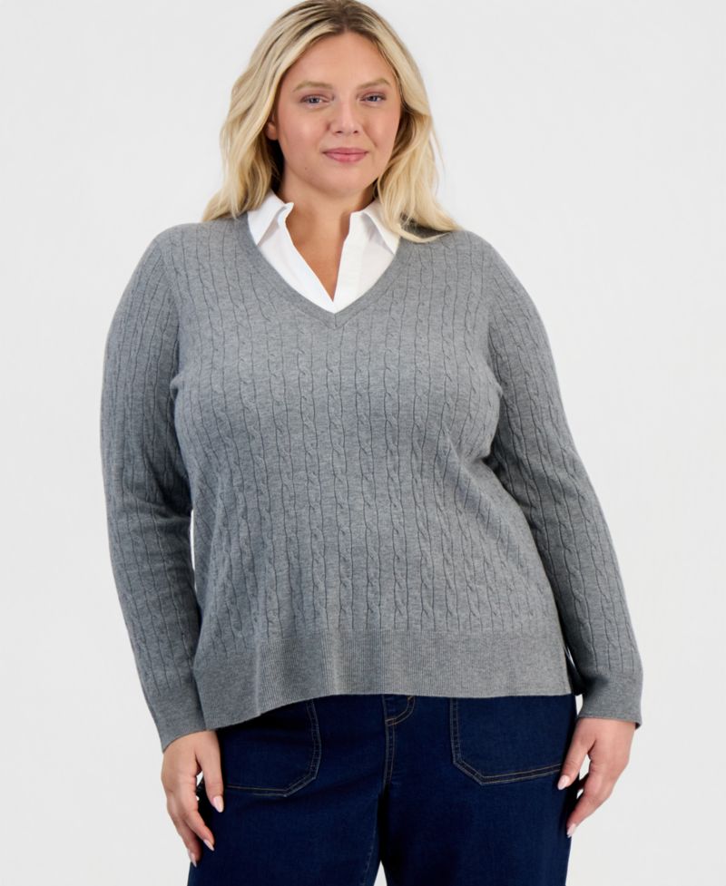 Plus Size Two-Fer Cable-Knit Collared Sweater, Macy's Exclusive