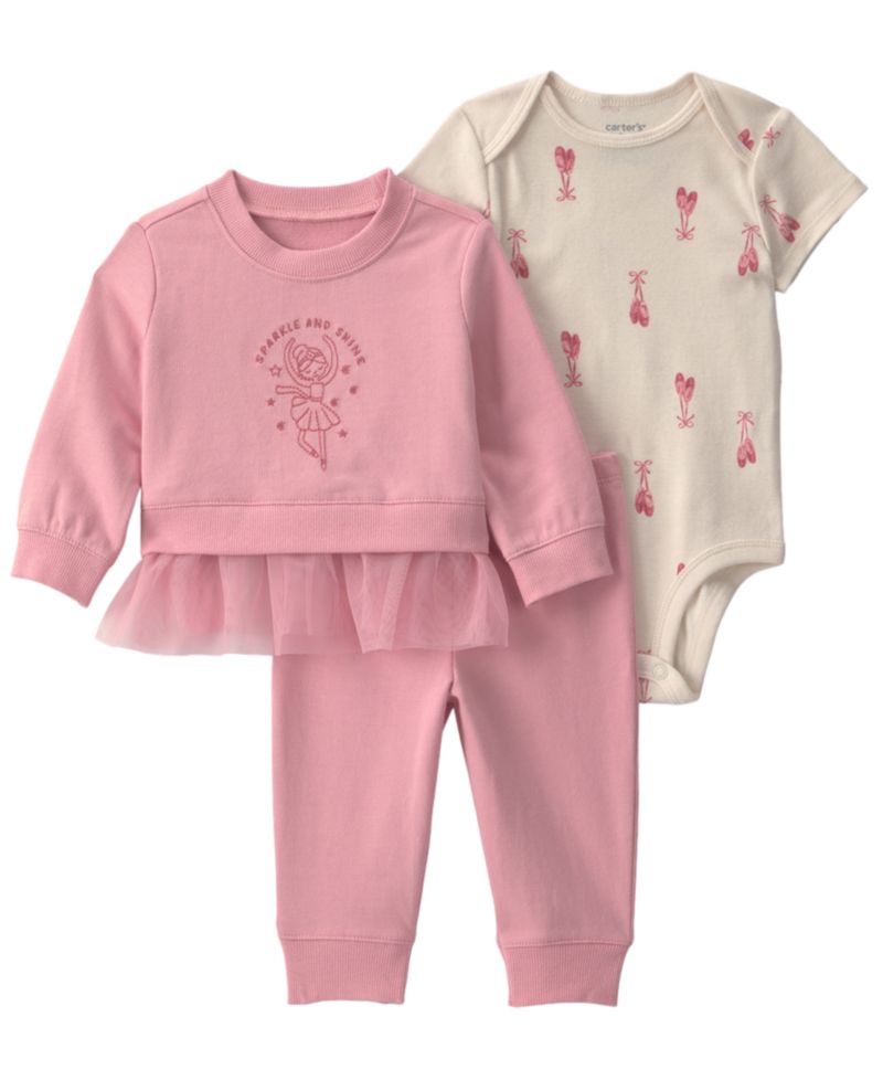 Baby Girls' Ballet French Terry Layering Long-Sleeve Sweatshirt, Bodysuit and Pant, 3-Piece Set