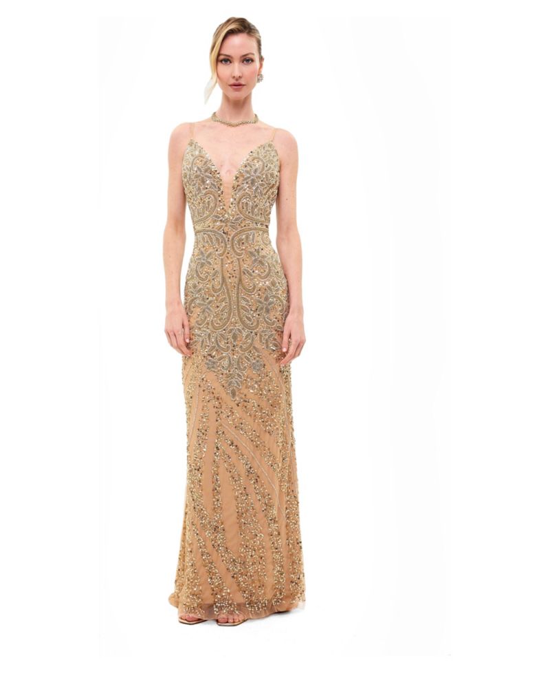 Women's Embellished Sequin Maxi Dress With Trail